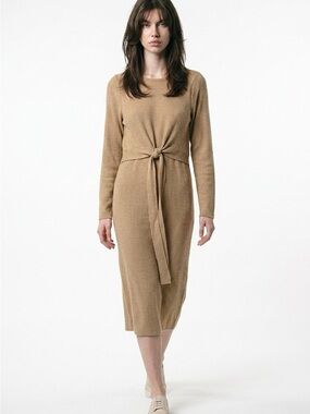 Tie-Front Ribbed Midi Dress in Tan